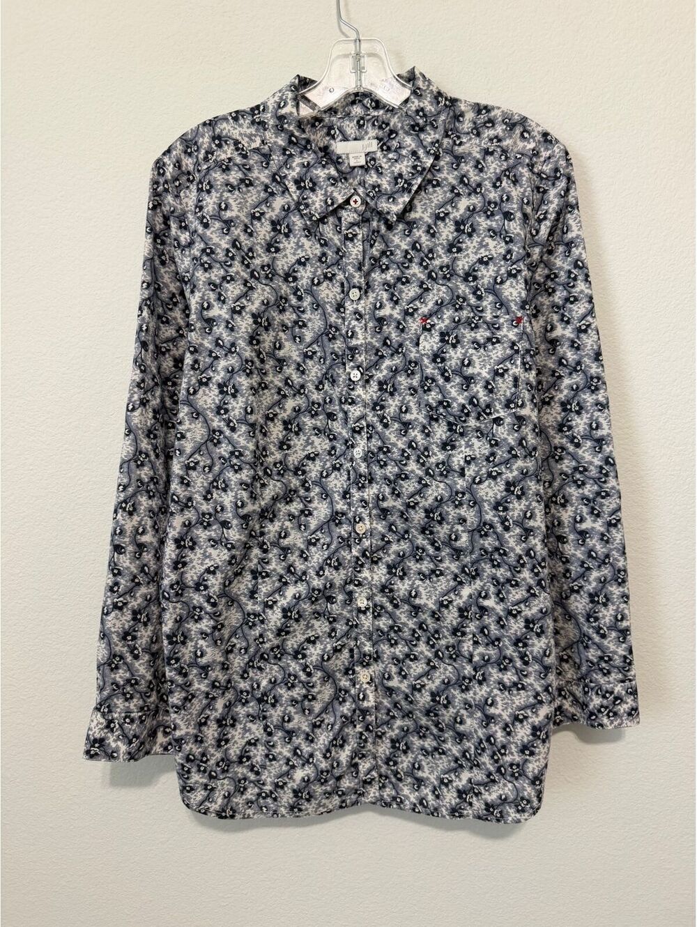 J. Jill Long Sleeve Button Up Blue/White Floral 100% Cotton Shirt Women's Size L